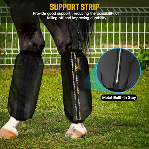 Image of Fly Boots for Horses Set of 4,Universal Size Fine Mesh Horse Fly Boots with Built-in Metal Support,Fly Leggings for Horses with Fleece Trimming and Reflective Webbing (Black)