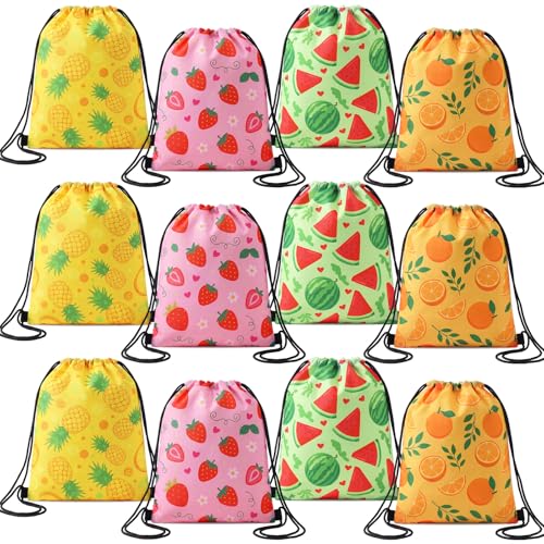 Aliceset Pacote com 20 mochilas de frutas com cordão, bolsas leves com alças ajustáveis, linda bolsa de ginástica laranja abacaxi morango melancia para viagem praia festa de verão (29 x 24 cm)