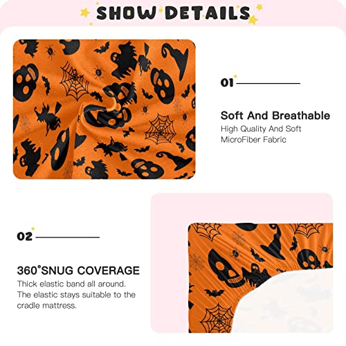 Image of Halloween Orange Bat Ghost Crib Sheets Soft Breathable Fitted Baby Crib Sheets Mattress Cover for Girl Boys, 52 inch x 28 inch x 9 inch