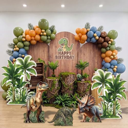 Image of 5 Pcs Dinosaur Party Decorations Set, Jungle Trees T-rex Dino Cardboard Cutouts with Sturdy Bases for Jungle Safari Baby Shower Party Jungle-Dinosaur Birthday Photo Backdrop