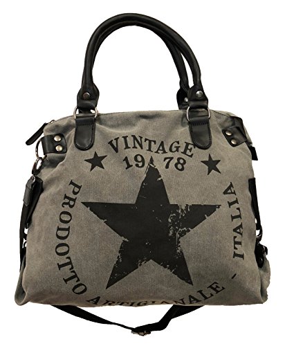 JameStyle26, Star Bag Vintage, borsa da donna in stile vintage con stella stampata sopra e manici, shopper alla moda, in tela, Grigio (Grau V2), Maße: L: 45cm H: 42cm B: 18cm