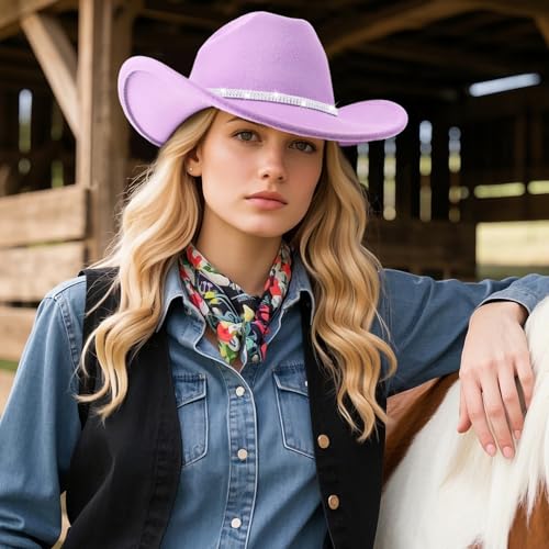 Image of DRESHOW Glitter Cowboy Hat Classic Western Rhinestone Cowgirl Hat Outdoor Wide Brim Retro Felt Fedora Hats Rolled up Caps