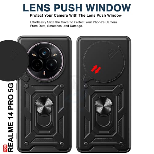 Image of AESTMO Tough Armor Realme 14 Pro 5G Bumper Back Case Cover | Ring Holder & Sliding Camera Cover | 360 Degree Protection Back Case Cover for Realme 14 Pro 5G (Black)