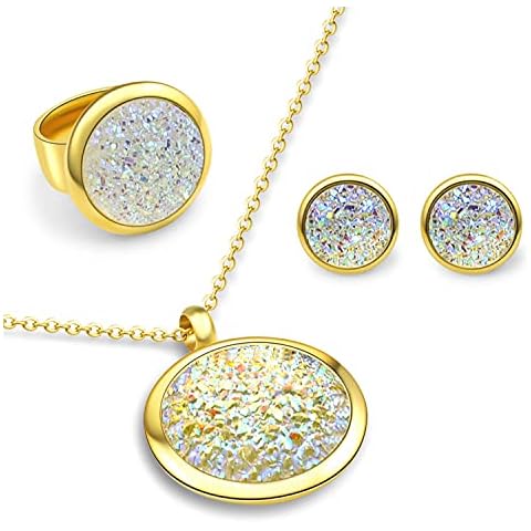 ATFOR Jewelry Sets For Women Necklaces Stud Earrings Rings Round Irregular Crystal Gold Plated Chain Link Ladies Jewellery Gifts Neck-20' gold Cover