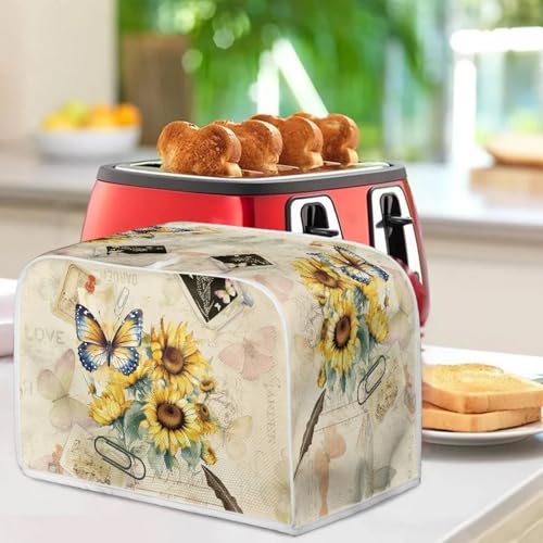 Image of Toaster Dust Cover 2 Slice, Microwave Toaster Oven Grill Stain Resistant Dustproof Kitchen Small Appliance Cover with Top Handle for Kitchen, Butterfly Sunflower Retro