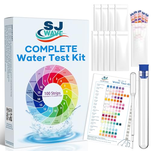 SJ WAVE 16 in 1 Drinking Water Testing Kits - 100 Strips (10 Strips Per Pouch) Water Testing Kits for Drinking Water, Home Tap and Well Water Test Kit for pH Hardness Lead Iron Copper Chlorine