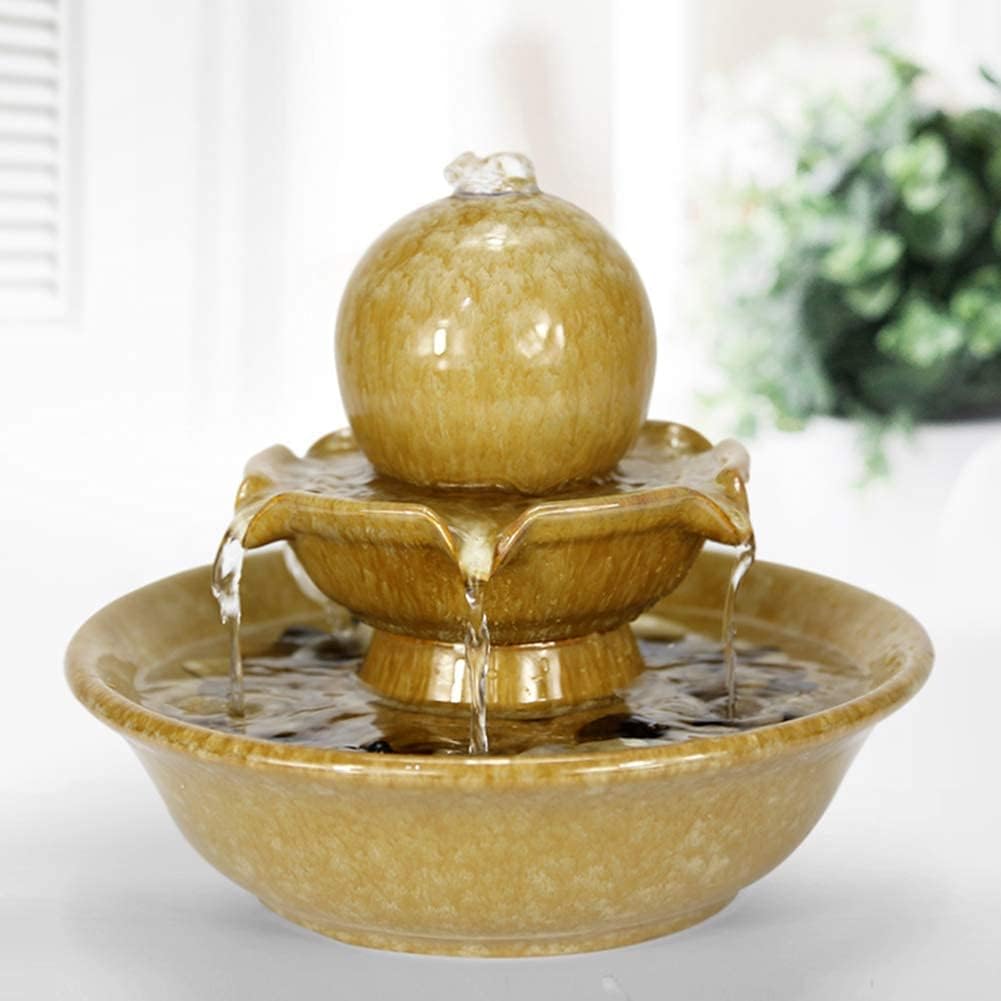 Indoor Fountain Water Feature,Good Luck Waterfall Tabletop Water Fountain,Water Fountain for Office and Home,Gifts Yellow 10.2inch