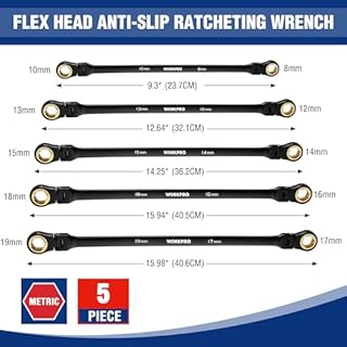 WORKPRO Extra Long Flex-Head Ratcheting Wrench Set, 5-piece Anti-Slip Double Box Wrenches Set, Metric 8-19 mm, 72-Teeth, Cr-V Steel and Black Electrophoretic Coating Wrenches with Rolling Pouch