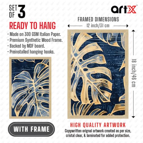 Image of ArtX Paper Leaf Paintings For Wall Decoration, Home Decor Wall Art, Hotel Wall Paintings for Living Room, Multicolor, Natural Wood Color Frames, 12x18 inch, Set of 3