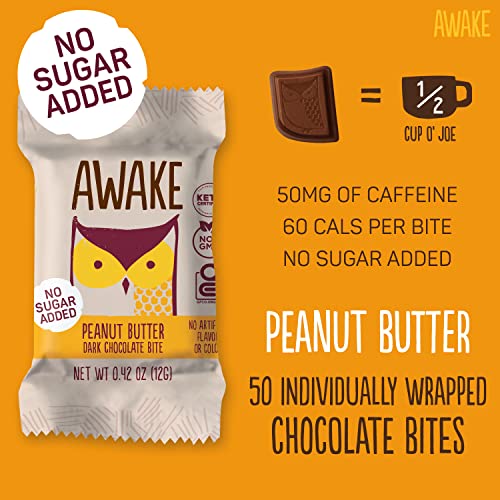 Awake - Caffeinated Chocolate Bites - Coffee Alternative - Low Calorie Snack - Bite Size Energy Bars - 50Mg Of Caffeine In Each Bite - Non Gmo - Vegan - Gluten Free - No Sugar Peanut Butter Dark Chocolate - 50 Bites #TOP1