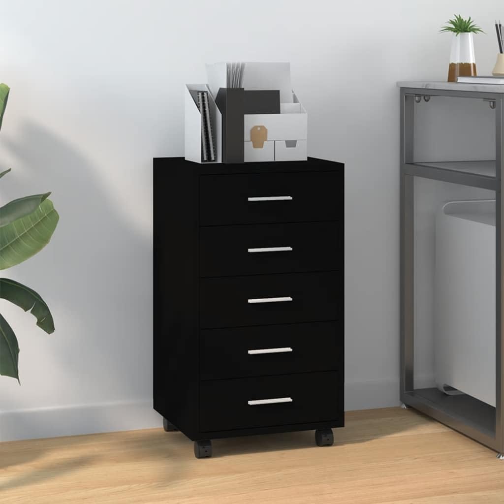 Cassettiera a rotelle nera, 33 x 38 x 63 cm, in legno, alluminio, 5 cassetti, flessibile, ufficio, studio, balcone, cameretta dei bambini