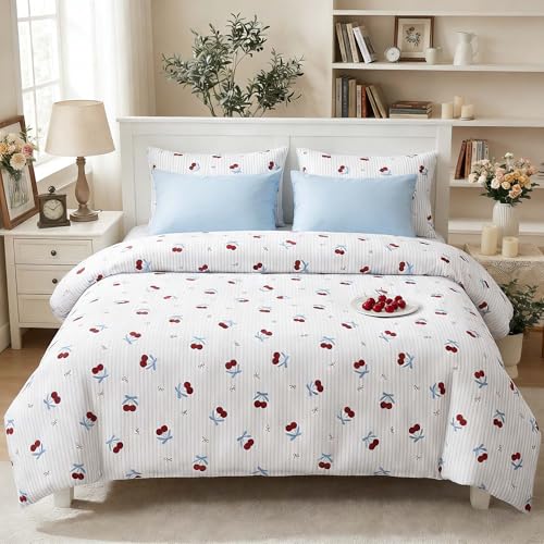 Image of Nayoroom Blue Striped Bow Duvet Cover Queen Size Red Cherry Duvet Cover 3 Pieces Soft Lightweight Microfiber Girls Cute Aesthetic Dorm Bedding Set with Zipper Closure