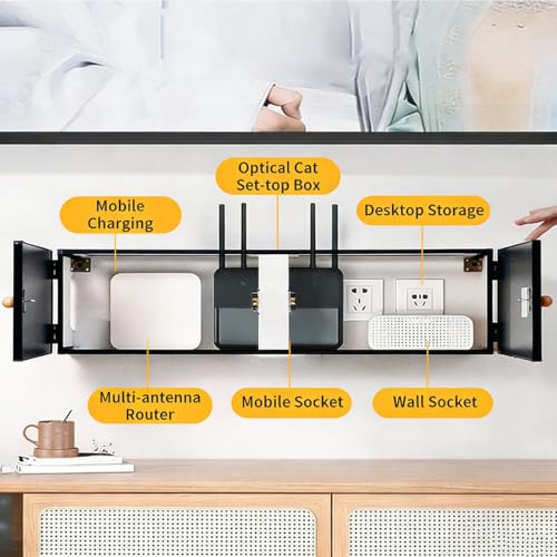 Boîte de rangement double usage avec gestion de câbles et support modem sans percer