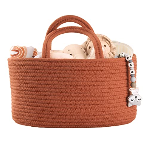 Image of Baby Diaper Caddy Organizer for Girl Boy Cotton Rope Nursery Storage Bin Basket Portable Holder Tote Bag for Changing Table Car Travel Baby Shower Gifts Newborn Essentials Registry Must Have Rust