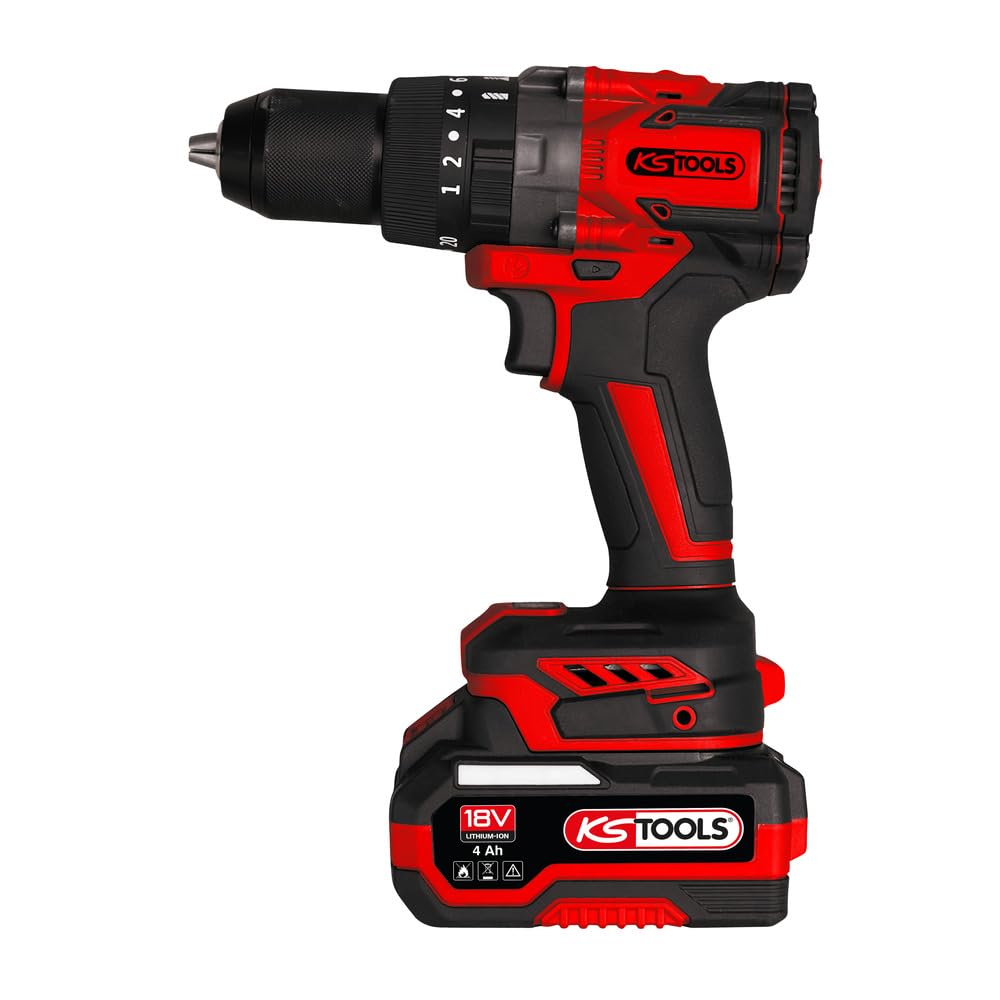 KS Tools - 515.4730F - Akumulatorowa wiertarko-wkrętarka - Akumulatorowa wiertarko-wkrętarka bezszczotkowa - Moc 18 V - 1,6 kg bez baterii - Dostawa w pudełku z 2 bateriami 4Ah