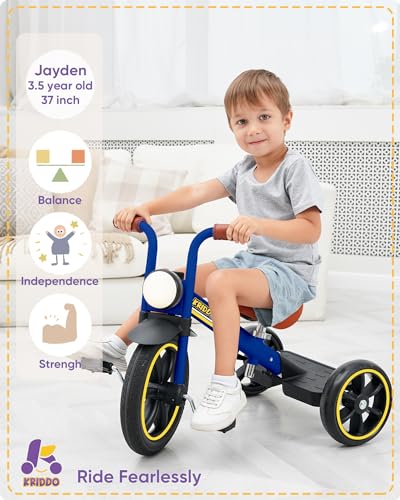 Image of KRIDDO Kids 12 Inch Tricycle With Puncture Free Wheels, Front Light, Adjustable Seat - Gift for 2-5 Year Olds, Blue