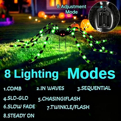 6.6 FT(Wide) Halloween Giant Black&Green Spider with 9'' Metal Stand, 36 Green LED Lights, 8 Modes Light-Up Large Spiders Outdoor Decorations - image 3