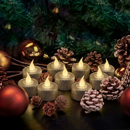 Image of FURORA LIGHTING Champagne Gold Glitter Flameless Tealights - 1.45 inch W x 1.57 inch H, 12-Pack, Batteries Included