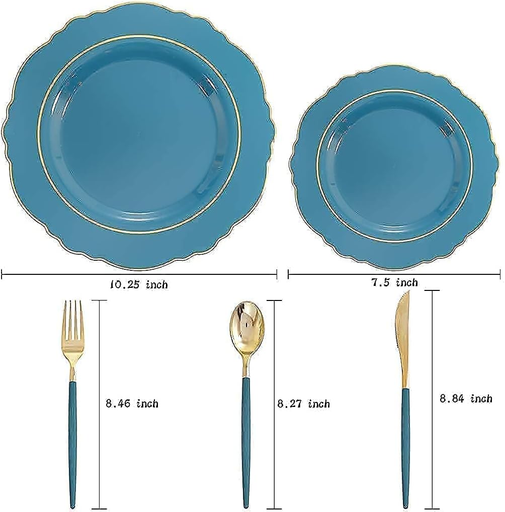Nervure 100PCS Blue Plastic Plates With Gold Rim&Gold Disposable Silverware with Blue Handle Purple Plastic Plates 100 Packed&Gold Plastic Silverware with Purple Handle