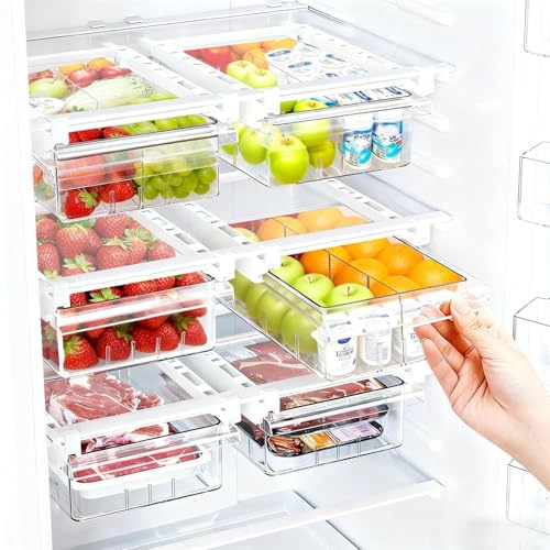 onaner Refrigerator Drawer Organizers, Fridge Drawer Organizer, Pull Out with Handle, Clear Container for Food Drinks, Fit for Refrigerator Shelf Under 0.6 Inch, Easy to Install（1-Pack）