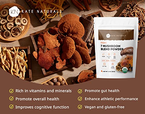 Kate Naturals Organic 7 Mushroom Blend Powder (1Oz) - 100% Organic, Rich In Vitamins And Minerals, Antioxidants, Mushroom Superfood, Natural Immune Support, And Energy Booster. Resealable Bag. #TOP1