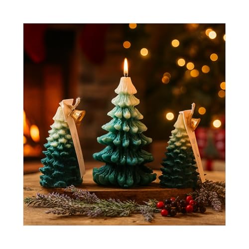 Lot de 3 Bougies Sapin de Noël par MMOBIEL – Bougies Parfumées Artisanales en Cire de Soja in Grand, Moyen, Petit – Parfum Genévrier & Lavande – Décoration Intérieure De Noël – Idée Cadeau – Vert