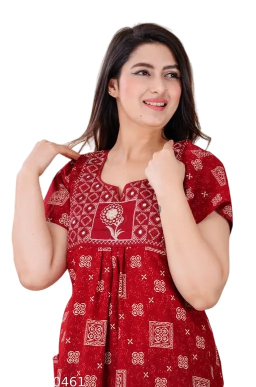 Nidhi Arts Women's Cotton Square Embroidered Printed Round Neck Pleated Short Sleeves Round Hem Relaxed Fit Nighty_39_NGH_PRNT_39-image-25