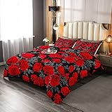 Red Flowers Comforter Set Twin Size,Rose and Grey Leaves Print Quilt Set for Kids Boys Bedroom Decor...