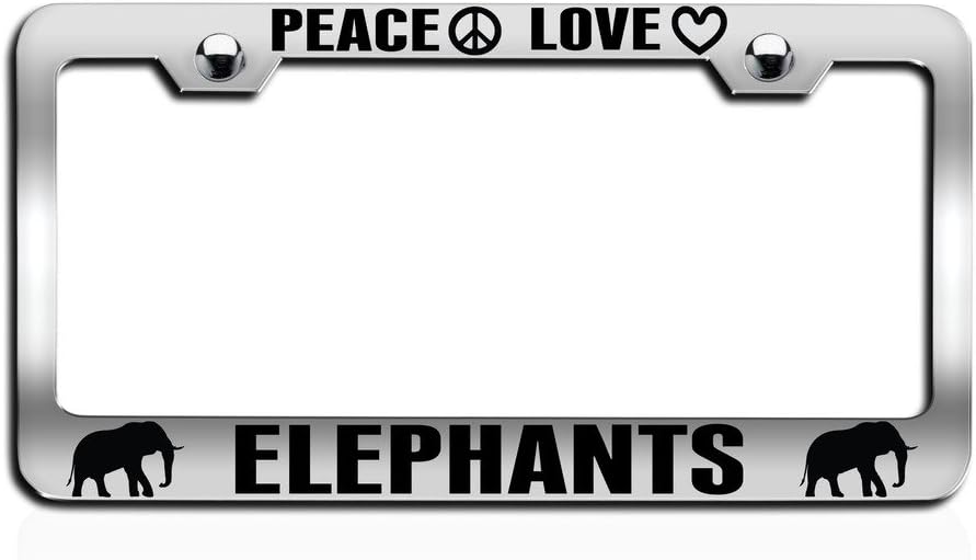 Makoroni - Peace Love Elephants Chrome Steel License Plate Frame, License Tag Holder