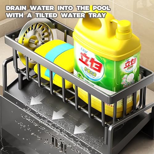 JJIW Sink Caddy, Kitchen Sink Organiser with Hook (Punch-Free Installation), Kitchen Accessories - Stainless Steel Dishcloth Sponge Holder for Kitchen Storage & Organisation(Black) - Image 5