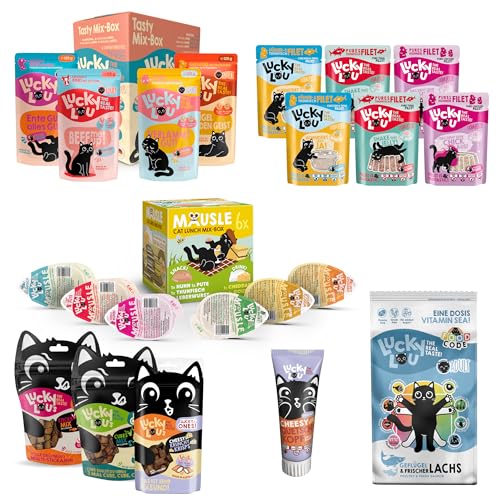 Lucky Lou Probier-Paket mit Katzenfutter nass und trocken & Katzen-Leckerlis in verschiedenen Sorten - Katzen-Leckerlie, Nassfutter & Trockenfutter ohne Getreide & Zucker im Mix