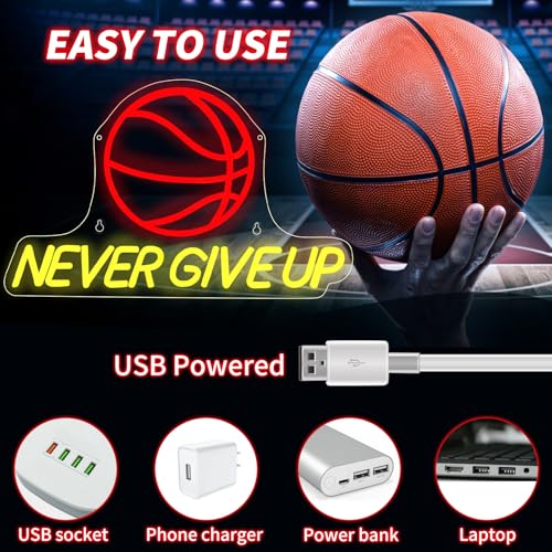 Image of Never Give Up Basketball Neon Sign - 17 inchx10 inch Wall Decor for Boys Bedroom Classroom, Dimmable LED Neon Light Sign for Gym Man Cave Decor, Motivational Gift for Teen Boys, Men & Basketball Lovers - USB Powered (Red & Yellow)