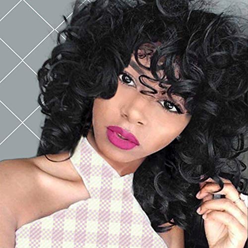 ENTRANCED STYLES Short Curly Kinky Wigs for Black Women Natural Black Bob Wig with Bangs 14 Inch Natural Looking Big Bouncy Fluffy Curly Wig Daily Party Use
