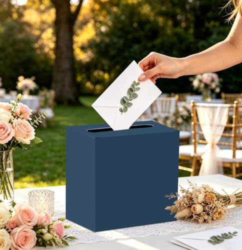 Image of SietDESEO Navy Blue Card Box for Graduation Large Cardboard Gift Card Box Holder for Wedding Reception Birthday Graduation Baby Shower Raffle Ticket Box with Slot