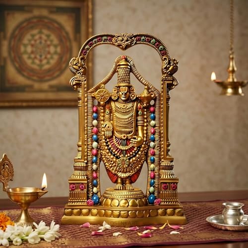 Image of Lord Tirupati Balaji Murti - 8 Inch Golden Polyresin Statue | Handcrafted Venkateswara Idol for Home Temple, Office Desk & Spiritual Gift (Lord Srinivasa Govinda)