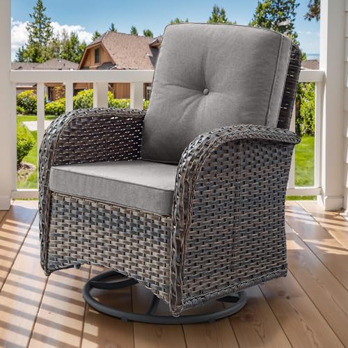 Artfurniz 2 in 1 Porch Glider Swivel Chair - Wicker Patio Furniture Outdoor Swivel Rocker Chair with Thick Cushion, 300 Lb Weight Capacity Patio Swivel Glider Seating - Brown Wicker, Grey Cushion