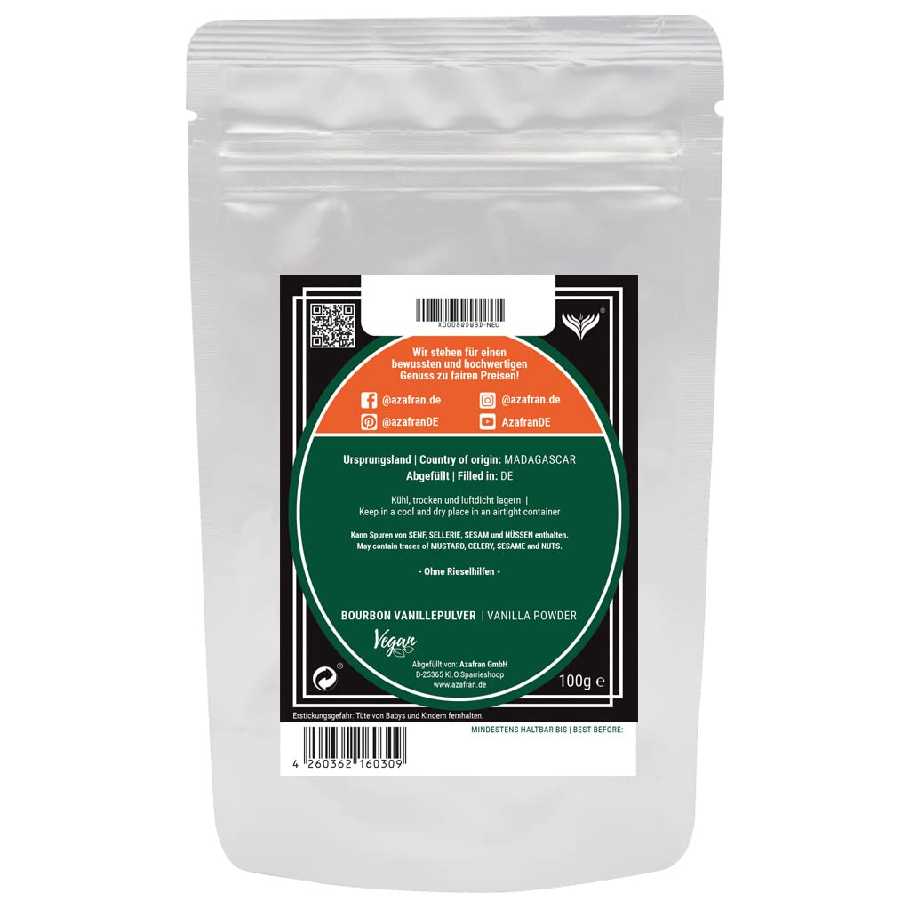 Azafran Bourbon Vanille, Madagaskar Vanillepulver (aus Vanillestangen ganz), gemahlene Vanilleschoten 100g