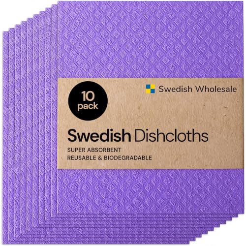 Image of Swedish Wholesale Dishcloths Reusable 8 inch x 7 inch Sponge Cloths, Bulk 10 Pack of High Absorbent Cellulose Dish & Kitchen Cleaning Hand Towels, Wring to Dry & Machine Wash, Odor Resistant, Purple
