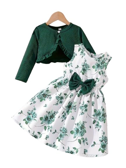 Image of Niren Enterprise Girl's Cotton Jacket Pair Floral Printed Sleeveless Dress