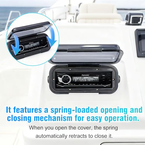 Image of Herdio Durable Universal Marine Stereo Cover - Water-Resistant Boat Radio Protector with Flip-Up Door, Neoprene Gasket, &Suitable for single-DIN radios（Black）
