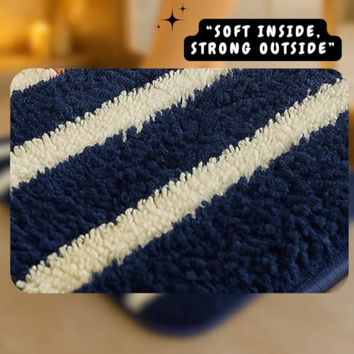 Image of VAS COLLECTIONS Microfiber Solid & Striped Anti-Skid Bath Mats - Pack of 2 (Blue & White, 35x50 cm)