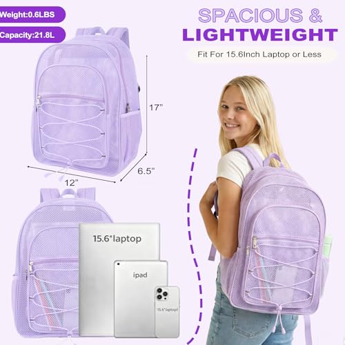 Image of COVAX Mesh Backpack for School Heavy Duty Semi-Transparent Bookbags for Beach, Swimming, Sports, Work, Travel (Light Purple)