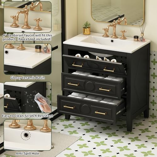 Virubi 30\" Bathroom Vanity with Ceramic Sink, Modern Bathroom Storage Cabinet with 2 Drawers and a Tip-Out Drawer, Solid Wood Frame Bathroom Vanities