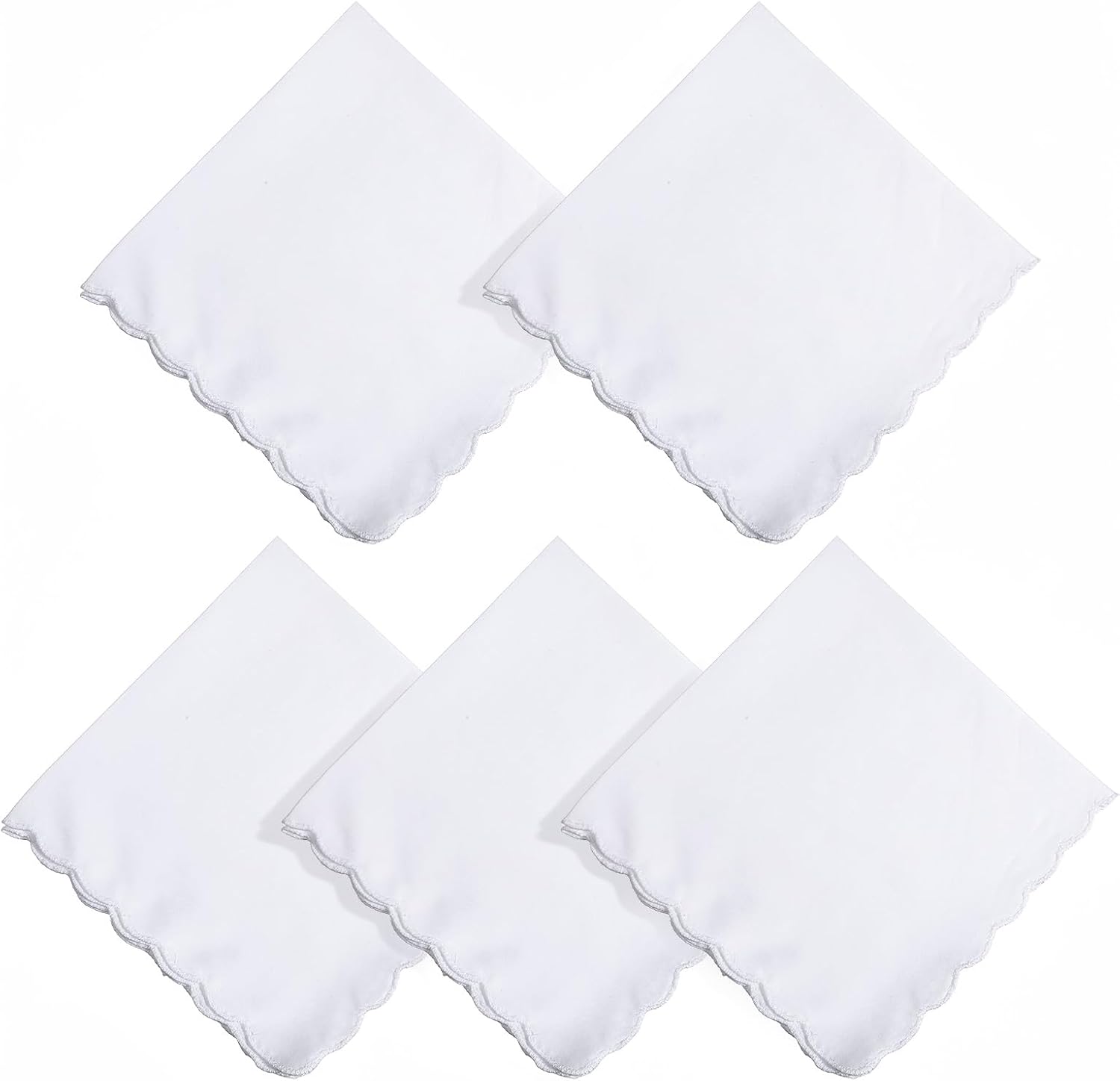 Skrfren 5 Pcs White Handkerchiefs 11.8"x11.8" Cotton Scalloped Hankies for Women and Men, Soft Reusable Pocket Square Towel for Wedding Party Gift Favor