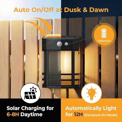 btfarm Solar Fence Lights Outdoor Garden with Motion Sensor, 2 Pack 3 Modes Retro Wall Lights, Waterproof Deck Solar Lighting for Garden Patio Gate Decking Decoration, Warm White - Image 3