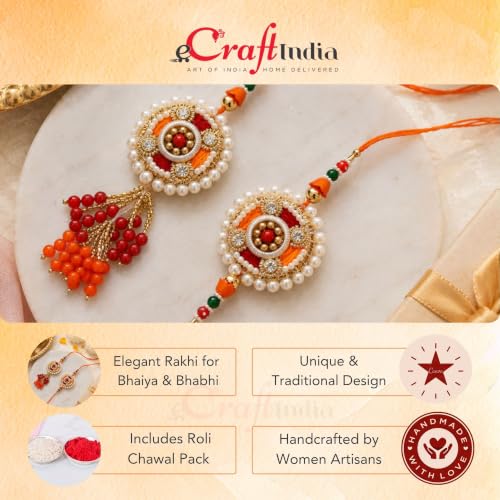 Image of eCraftIndia Beads, Pearls, Decorative Bhaiya Bhabhi Rakhi Set with Best Bro Ever Fridge Magnet and Roli Chawal Pack