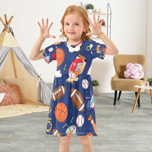 Sports Items Balls Deep Blue Graphic Print Casual T Shirt for Active Kids Boys and Girls, 2T4