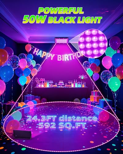 Image of 50W Black Lights, IP66 Waterproof Outdoor LED Black Light Floodlights with Switch, Plug, 6ft Cord for Glow Party, Body Paint, Fluorescent Poster, Halloween Decorations