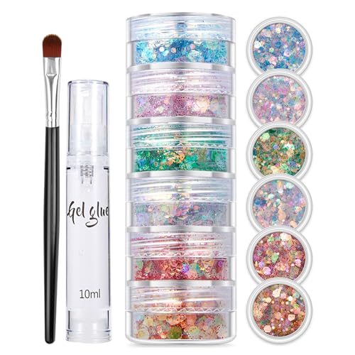 Body Glitter Set, 6 Colores Festival Glitter Cara para Disfraces Festivales, Lentejuelas Gruesas Finas Polvo Brillo para Uñas Ojos Labios Cabello Cuerpo Colorido Maquillaje Maquillaje Cuerpo Brillo