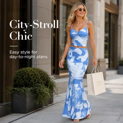 Image of Two Piece Skirt Set Women Maxi Long Skirt and Top Outfit | Soft stretchy 5 pc, slim bodycon, adjustable spaghetti straps, ruched crop tank, elastic waist, going out, beach vacation
